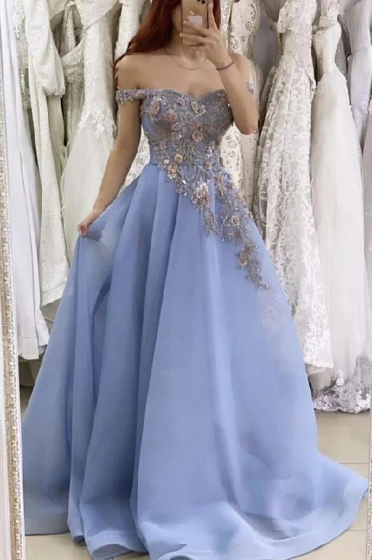 A-Line Blue Satin Off the Shoulder Prom Dress Lace Appliques Evening Party Dress OK1234 Turtleneck Neckline Stylish A-Line Blue Satin Off the Shoulder Prom Dress Lace Appliques Evening Party Dress OK1234 Turtleneck Neckline Stylish