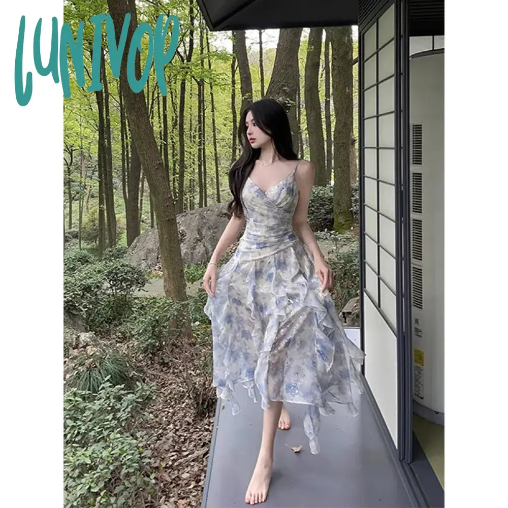 Lunivop Sweet Elegant Floral Strap Dress Women Summer Ruffles Designer Korean Party Dress Female Vintage Sleeveless Dresses Tunics Brand named Lunivop Sweet Elegant Floral Strap Dress Women Summer Ruffles Designer Korean Party Dress Female Vintage Sleeveless Dresses Tunics Brand named