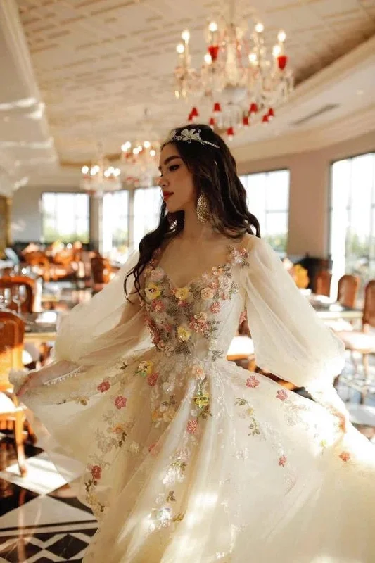 Light Champage A Line Tulle Long Prom Dress With Flowers Pruffy Sleeves Party Dress DM1890 Tunics Practical durable Light Champage A Line Tulle Long Prom Dress With Flowers Pruffy Sleeves Party Dress DM1890 Tunics Practical durable