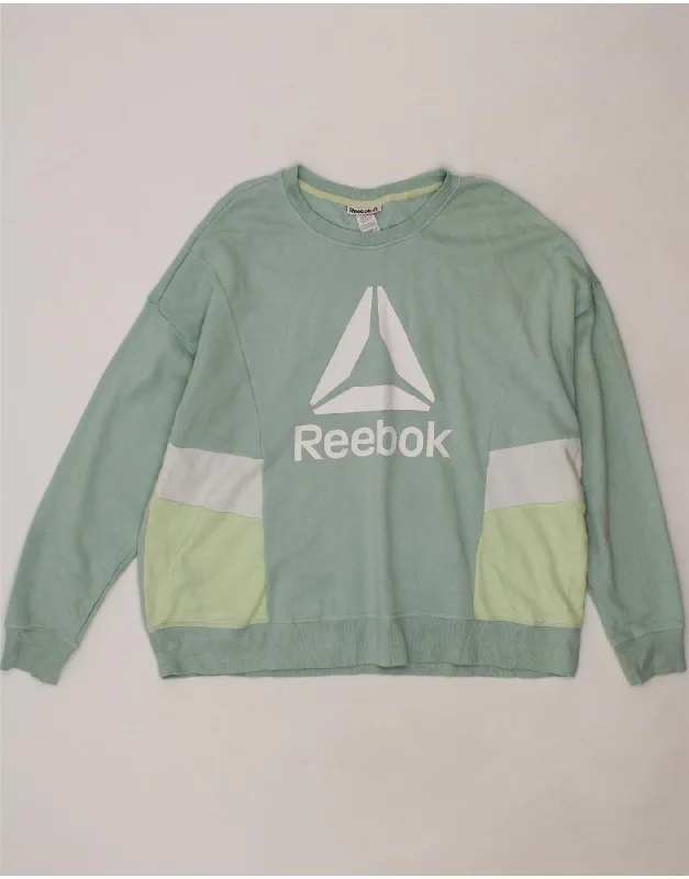 REEBOK Womens Graphic Sweatshirt Jumper UK 22 3XL Green Colourblock Cotton Hoodie with Exposed Zipper Edgy Industrial