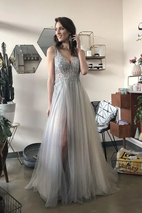 A-Line V Neck Long Grey Tulle Split Prom Party Dress with Sequins DMF70 Tunics Essential wardrobe A-Line V Neck Long Grey Tulle Split Prom Party Dress with Sequins DMF70 Tunics Essential wardrobe