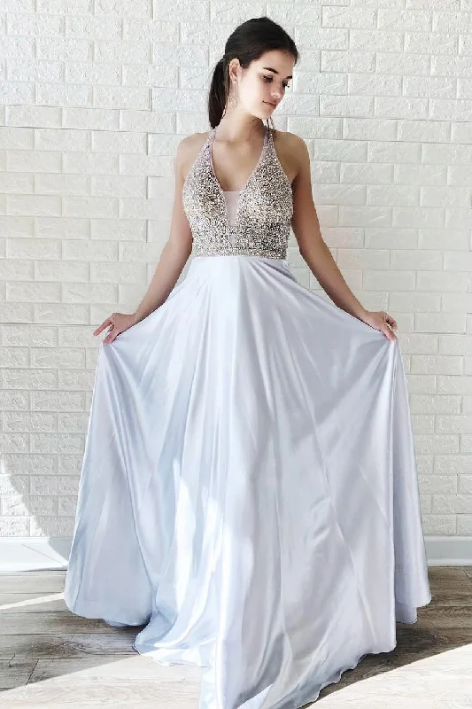 A Line Halter Chiffon Prom Dresses, Beading Long Evening Party Dress DMJ42 Pleated Skirt Elegant A Line Halter Chiffon Prom Dresses, Beading Long Evening Party Dress DMJ42 Pleated Skirt Elegant