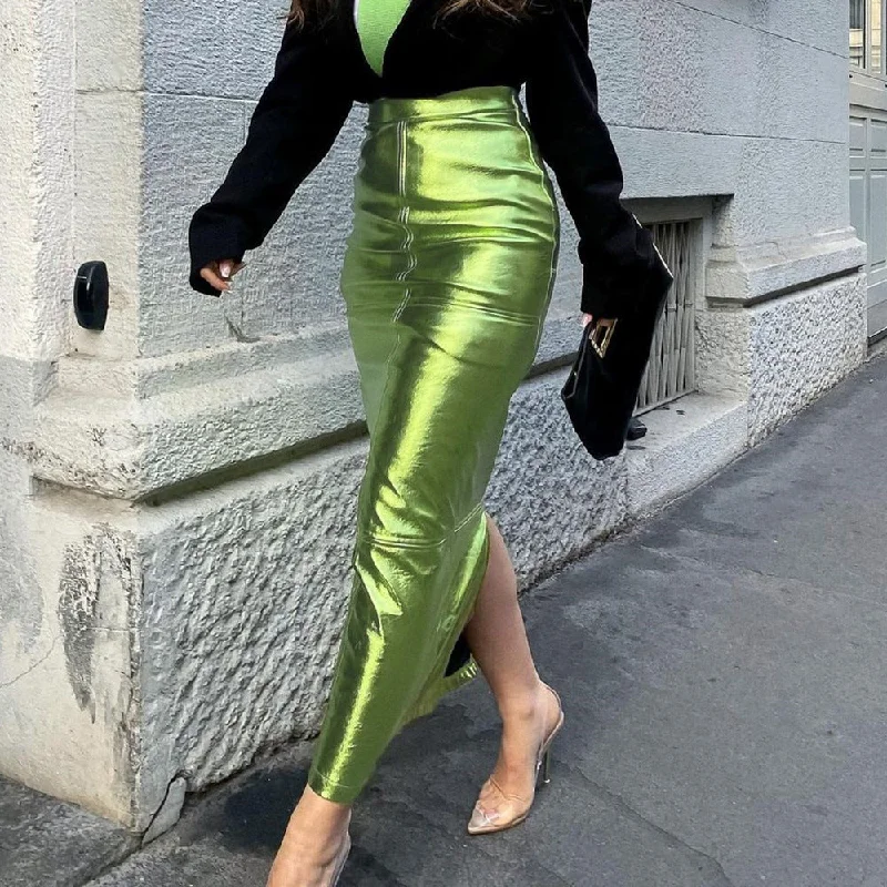 Sexy Metallic Green Bodycon Midi Skirt velvet skirt glossy