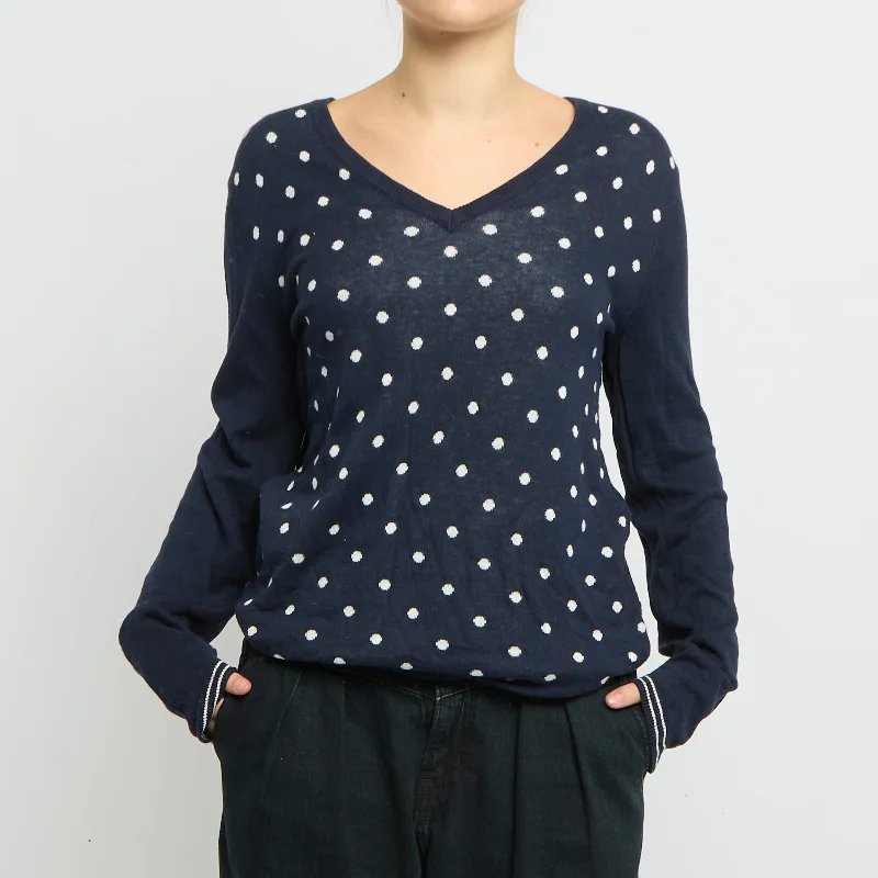 Tommy Hilfiger Polka Dot V-Neck Knitted Sweatshirt-UK 10 Hoodie with Stripes Bold Sporty Tommy Hilfiger Polka Dot V-Neck Knitted Sweatshirt-UK 10 Hoodie with Stripes Bold Sporty