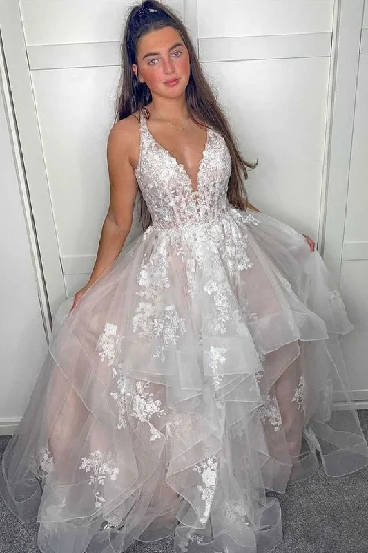 V Neck A Line Lace Appliques Long Prom Dress, Evening Party Dresses DMP106 A-Line Day Work V Neck A Line Lace Appliques Long Prom Dress, Evening Party Dresses DMP106 A-Line Day Work
