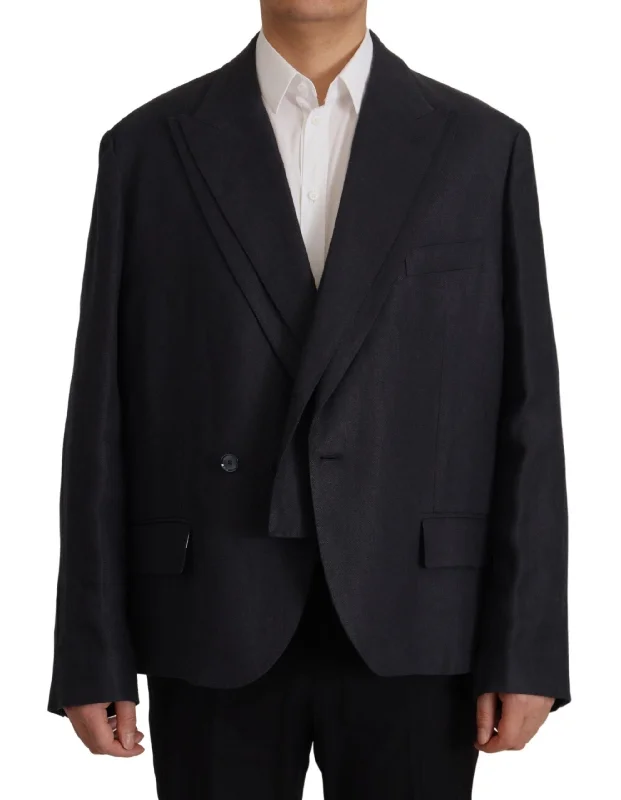 Sleek Double Breasted Navy Linen Blazer Women's High-End Blazer