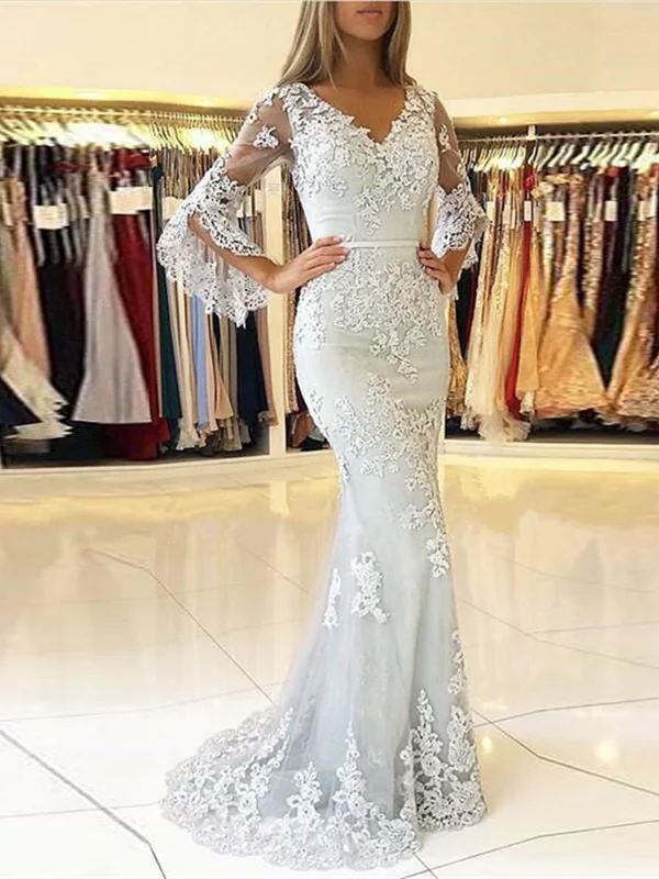 V Neck Mermaid Lace Ivory Wedding Party Dress With 3/4 Butterfly Sleeves, Lace Mermaid Formal Evening Gown Ivory Tunics Hiking breathable V Neck Mermaid Lace Ivory Wedding Party Dress With 3/4 Butterfly Sleeves, Lace Mermaid Formal Evening Gown Ivory Tunics Hiking breathable