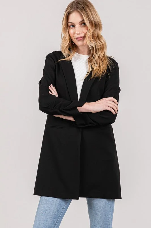 Twill Ruched Sleeve Blazer Longline Women's Print Jacket