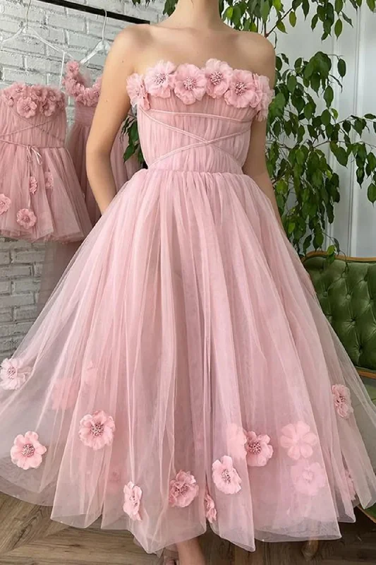 A Line Tea Length Pink Floral Prom Dresses, Formal School Party Dresses OK1992 Off-the-shoulder Bohemian Festive A Line Tea Length Pink Floral Prom Dresses, Formal School Party Dresses OK1992 Off-the-shoulder Bohemian Festive