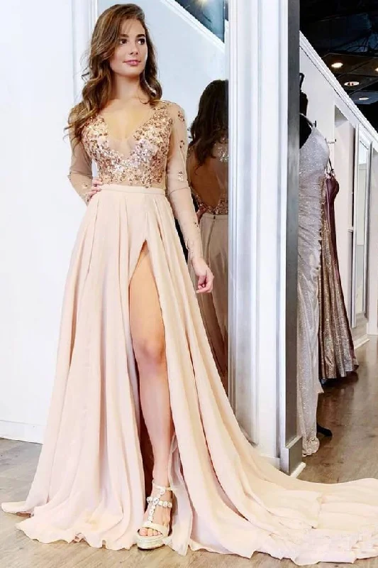 Long Sleeve See Through V Neck Prom Dresses Side Slit Formal Prom Party Dress DMH65 Tunics Cozy soft Long Sleeve See Through V Neck Prom Dresses Side Slit Formal Prom Party Dress DMH65 Tunics Cozy soft