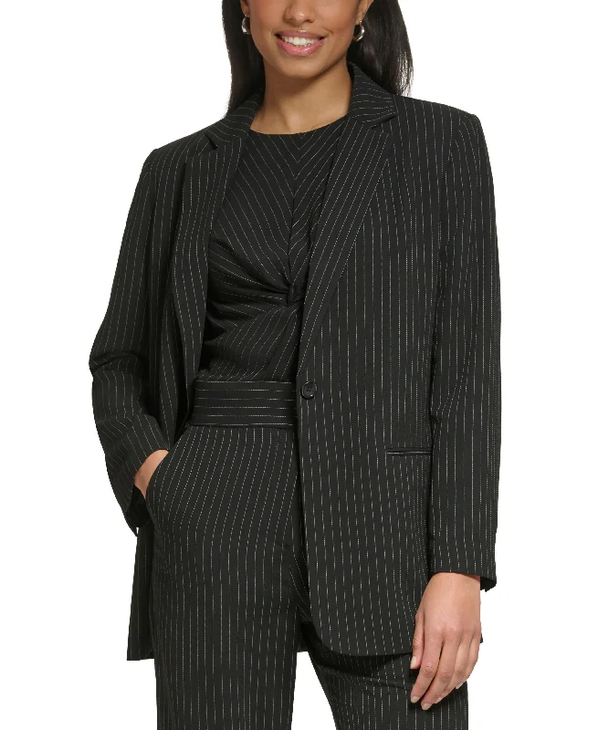 Petite Pinstripe One-Button Notched Collar Blazer Women's Classic Blazer