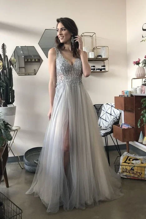 A-Line V Neck Long Grey Tulle Split Prom Party Dresses with Sequins OKF70 Tunics Seasonal trendy A-Line V Neck Long Grey Tulle Split Prom Party Dresses with Sequins OKF70 Tunics Seasonal trendy