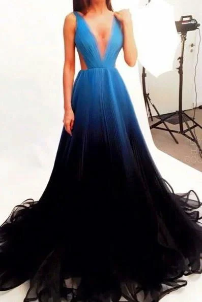 stunning Black Blue Gradient Tulle Long Evening Party Dress,A Line V-neck Prom Dresses DM245 Tunics Office stylish stunning Black Blue Gradient Tulle Long Evening Party Dress,A Line V-neck Prom Dresses DM245 Tunics Office stylish