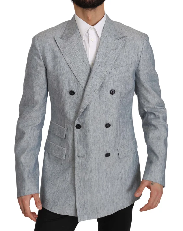 Elegant Light Blue Double Breasted Blazer Women's Vintage Suit