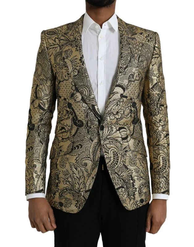 Gold Sicilia Jacquard Single Breasted Coat Blazer Women's Luxurious Jacket
