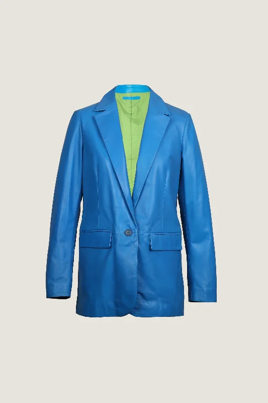 Novado - Women's Double-Breasted Blazer Leather Coat - Blue - 1 Piece Women's Trendy Jacket