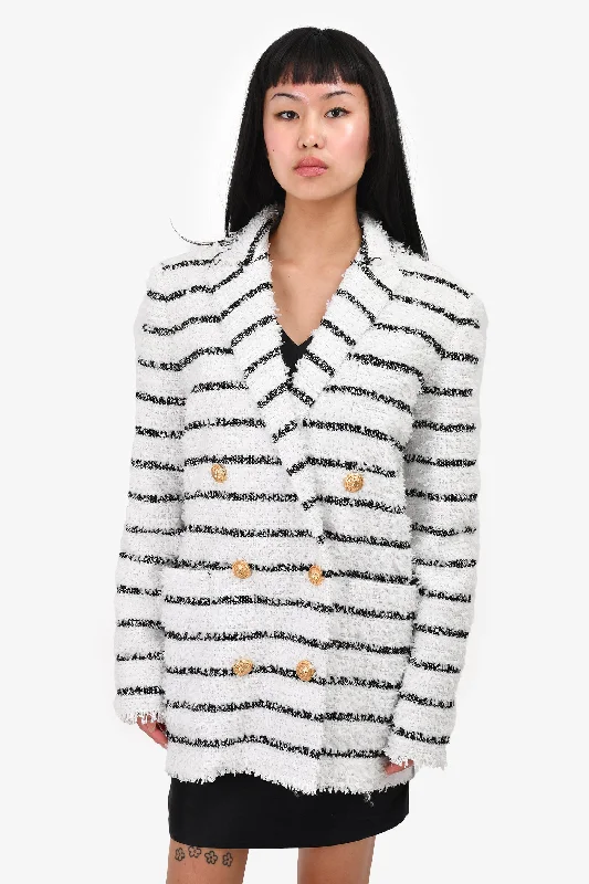 Balmain Black/White Tweed Stripe Blazer Size 38 Women's Trench Blazer