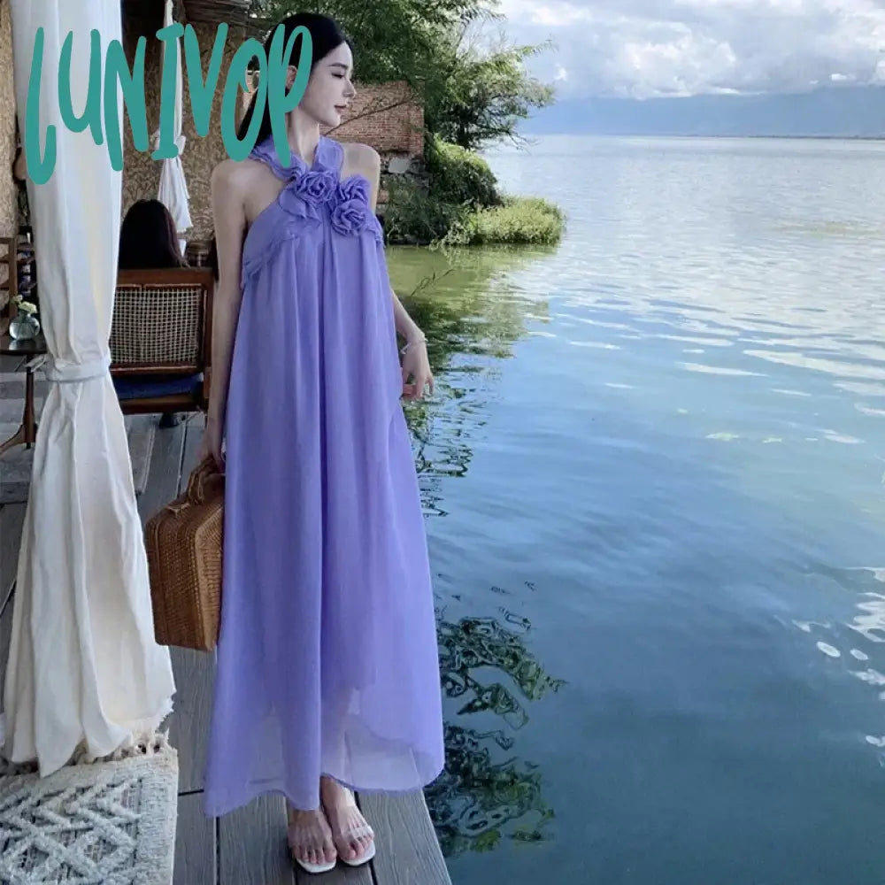 Lunivop Holiday Style Sling Backless Party Dress for Women Chiffon Lavender Vacation Summer Fairy Sundress Pink Long Purple Clothes New Tunics Fashionable trendy Lunivop Holiday Style Sling Backless Party Dress for Women Chiffon Lavender Vacation Summer Fairy Sundress Pink Long Purple Clothes New Tunics Fashionable trendy