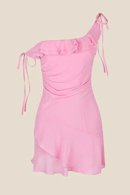 One Shoulder Pink Ruffle Chiffon Party Dress Tunics Recommended stylist