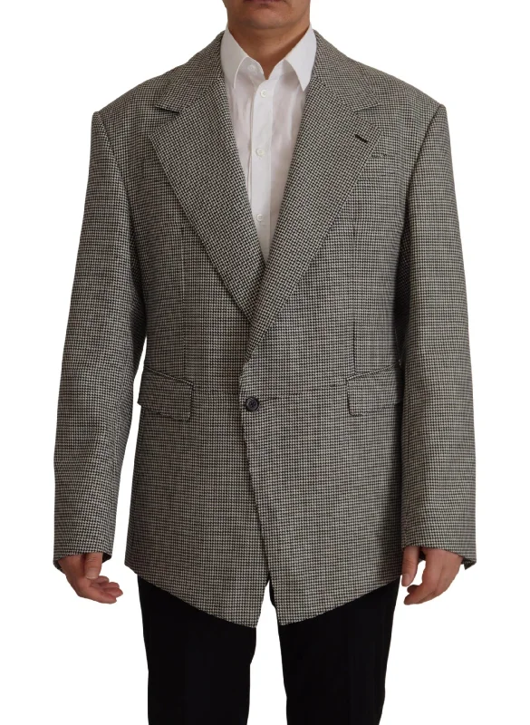 Elegant Gray Checkered Wool Blazer Women's Stripe Blazer