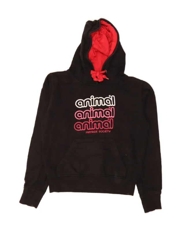 ANIMAL Womens Oversized Graphic Hoodie Jumper UK 10 Small Black Cotton Hoodie with Hem Drawcord Adjustable Customizable ANIMAL Womens Oversized Graphic Hoodie Jumper UK 10 Small Black Cotton Hoodie with Hem Drawcord Adjustable Customizable