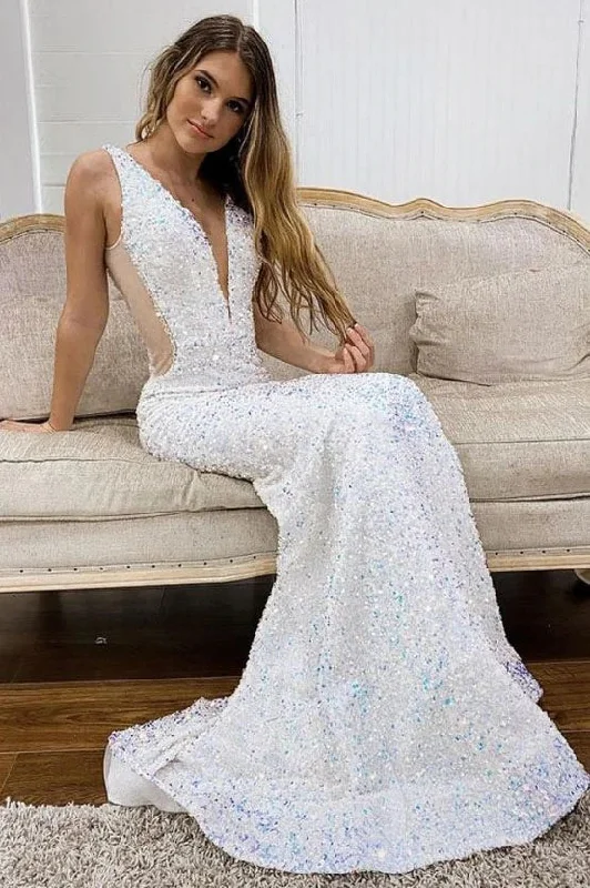 White Deep V Neck Mermaid Prom Gown, Elegant Sequined Long Party Dresses DMP157 Tunics Cozy soft White Deep V Neck Mermaid Prom Gown, Elegant Sequined Long Party Dresses DMP157 Tunics Cozy soft