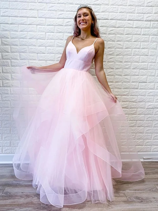 V Neck Pink Blue Tulle Long Prom Dresses, Pink Blue Tulle Long Formal Evening Dresses Tunics Handmade artisanal