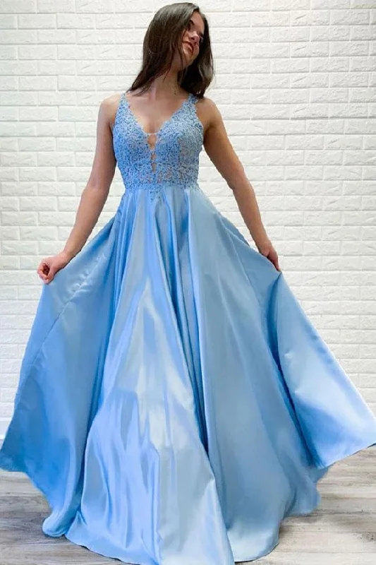 A-line V neck Lace Long Prom Dresses Blue Evening Party Dresses PSK066 Tunics Mesh breathable A-line V neck Lace Long Prom Dresses Blue Evening Party Dresses PSK066 Tunics Mesh breathable