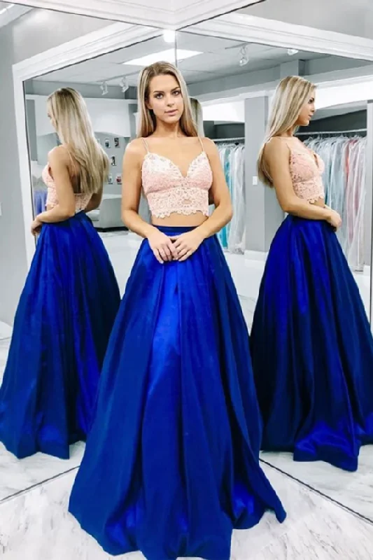 Two Pieces Satin Royal Blue A-line Prom Dress Spaghetti Strap Long Party Dress With Pink Lace Bodice OKY39 Tunics Party sparkling Two Pieces Satin Royal Blue A-line Prom Dress Spaghetti Strap Long Party Dress With Pink Lace Bodice OKY39 Tunics Party sparkling