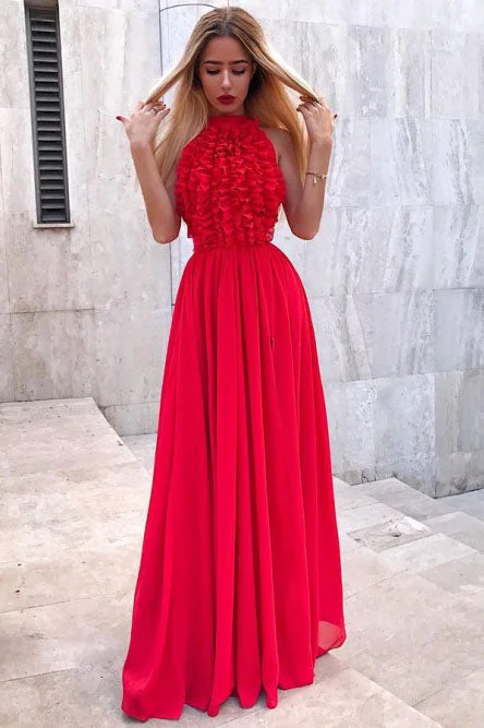 A-Line Jewel Floor-Length Red Chiffon Long Prom Party Dresses with Ruffles OKP5 Tunics Solid Classic A-Line Jewel Floor-Length Red Chiffon Long Prom Party Dresses with Ruffles OKP5 Tunics Solid Classic