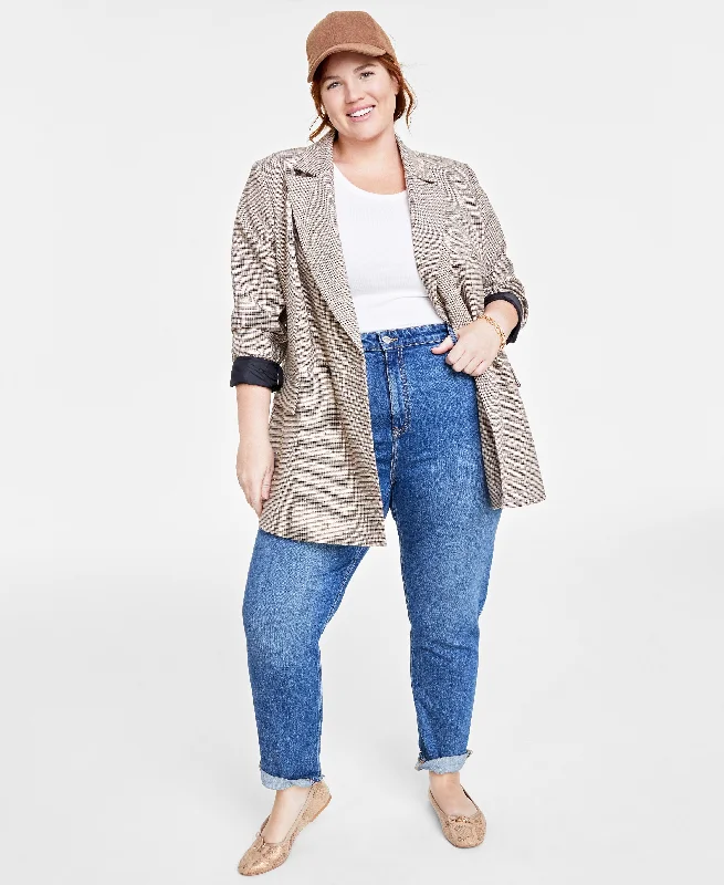 Plus Size Sequined Plaid Double-Breasted Blazer Slim Fit Blazer