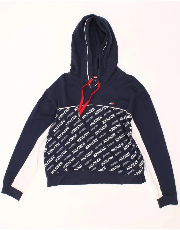TOMMY HILFIGER Womens Hoodie Jumper UK 16 Large Navy Blue Colourblock Hoodie with Hidden Zipper Minimalist Clean TOMMY HILFIGER Womens Hoodie Jumper UK 16 Large Navy Blue Colourblock Hoodie with Hidden Zipper Minimalist Clean