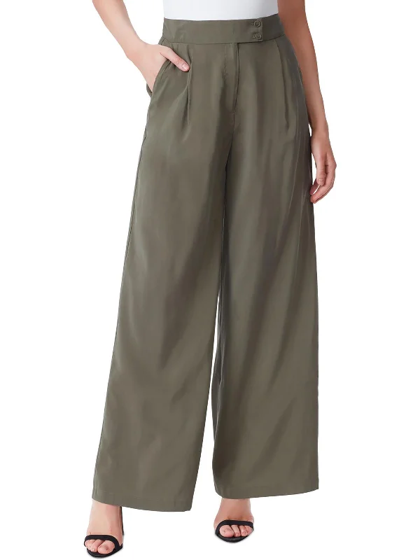 Melba Womens Pleated Viscose Wide Leg Pants Fashionable Button-Up Pants