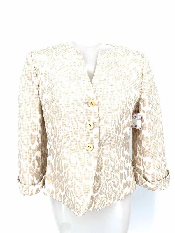 Armani Collezioni Women's Tan/White Button Down Cotton Blend Animal Print Blazer Women's Unique Blazer Armani Collezioni Women's Tan/White Button Down Cotton Blend Animal Print Blazer Women's Unique Blazer
