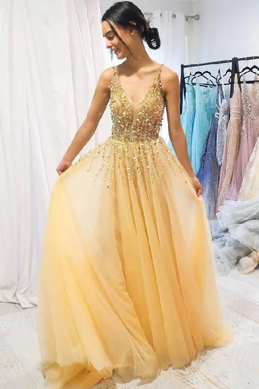 A-line V neck Sparkly Yellow Long Prom Dress Party Dress PSK026 Tunics Canvas sturdy A-line V neck Sparkly Yellow Long Prom Dress Party Dress PSK026 Tunics Canvas sturdy