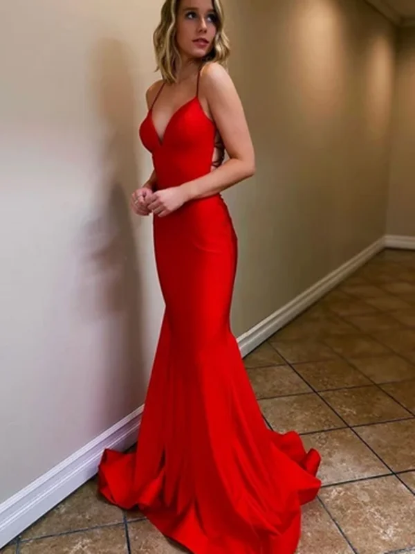 V Neck Mermaid Red Backless Satin Long Prom Dresses, Red Mermaid Open Back Formal Evening Party Dresses Tunics Travel practical V Neck Mermaid Red Backless Satin Long Prom Dresses, Red Mermaid Open Back Formal Evening Party Dresses Tunics Travel practical