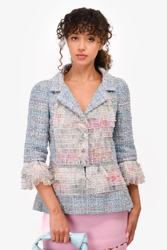 Pre-Loved Chanel™ Resort 2013 Pastel Blue/Pink Tweed Ruffle Blazer Size 38 (As Is) Women's Warm Suit Pre-Loved Chanel™ Resort 2013 Pastel Blue/Pink Tweed Ruffle Blazer Size 38 (As Is) Women's Warm Suit