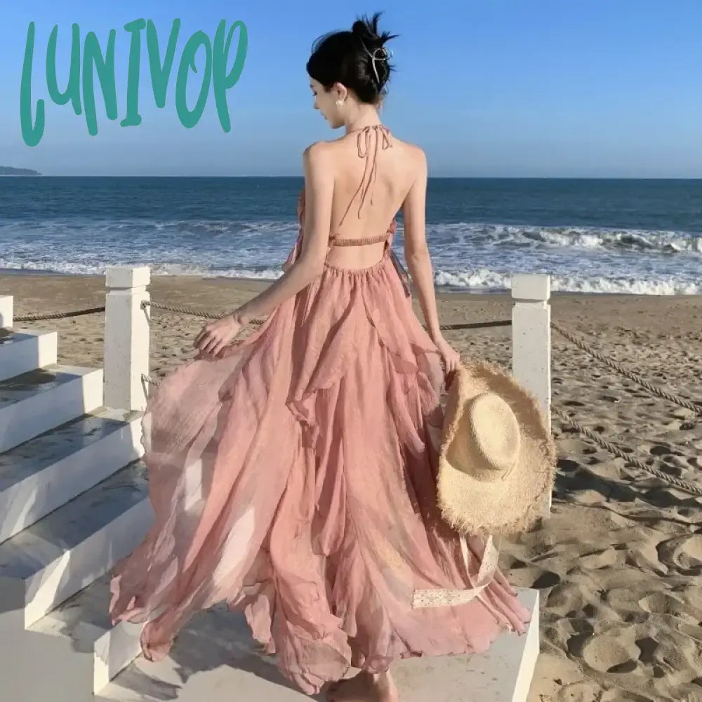 Lunivop Holiday Style Halter Backless Party Dress for Women Lavender Lolita Vacation Summer Fairy Sundress Pink Long Chiffon Clothes New Tunics Versatile functional Lunivop Holiday Style Halter Backless Party Dress for Women Lavender Lolita Vacation Summer Fairy Sundress Pink Long Chiffon Clothes New Tunics Versatile functional