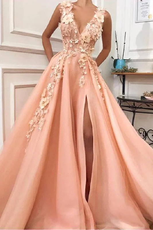 Charming V neck Long Prom Dress,Tulle Evening Party Dress with Flower DMH55 Tunics Luxurious high-end Charming V neck Long Prom Dress,Tulle Evening Party Dress with Flower DMH55 Tunics Luxurious high-end