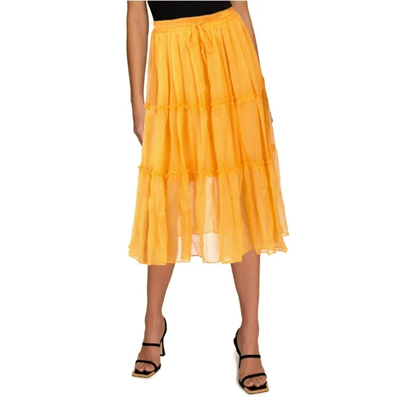 WDNY Tiered Sheer Overlay Ruffle Trim Elastic Waist Flowy Midi Skirt floral skirt print WDNY Tiered Sheer Overlay Ruffle Trim Elastic Waist Flowy Midi Skirt floral skirt print