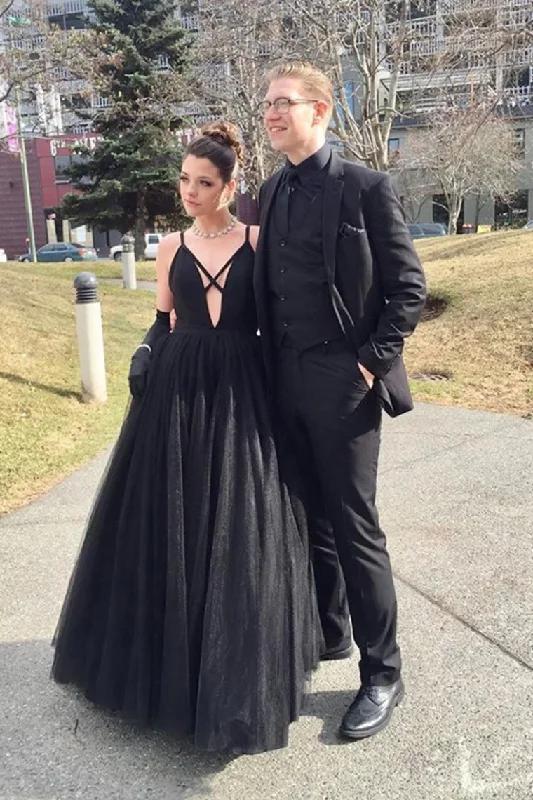 Fashion Spaghetti Straps Black Tulle A-line Prom Dress Floor Length Evening Party Dress OKY40 Tunics Evening elegant Fashion Spaghetti Straps Black Tulle A-line Prom Dress Floor Length Evening Party Dress OKY40 Tunics Evening elegant