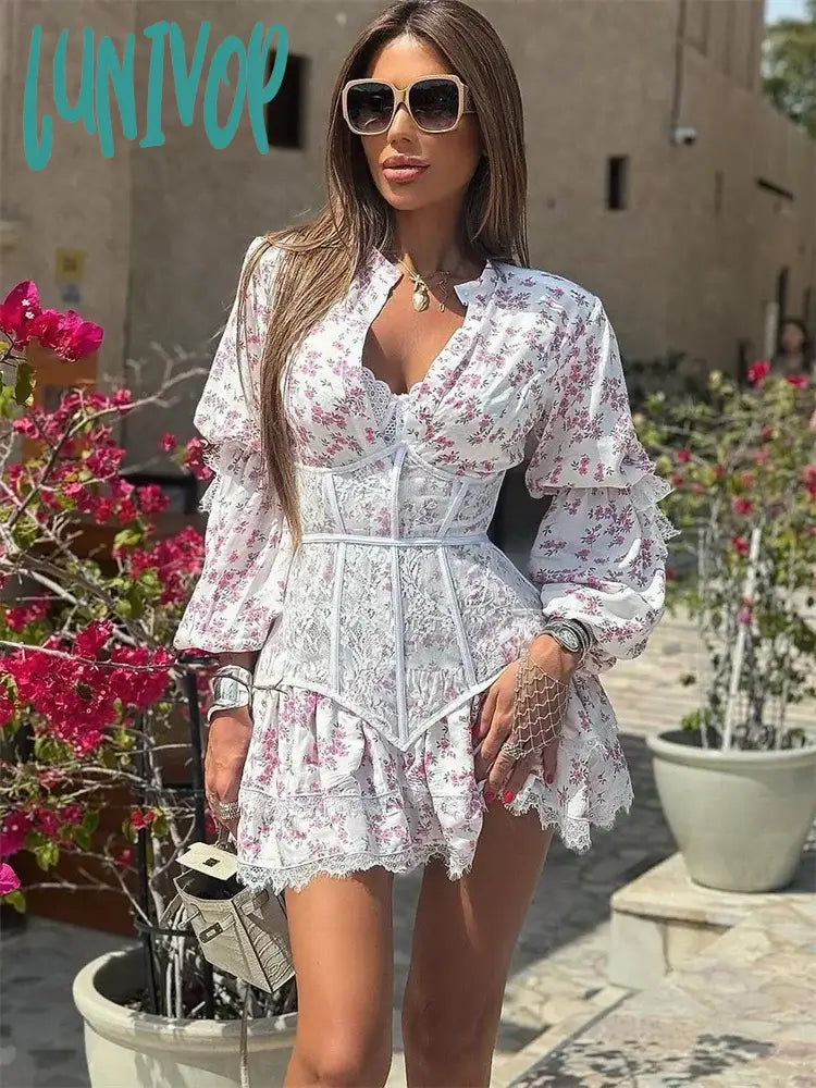 Lunivop V-Neck Printed Mini Lace Dress Female Ruffled Fashion High Waist Long Sleeve Splice Contrast Slim Fit Bandage Party Dress Tunics Chinos classic Lunivop V-Neck Printed Mini Lace Dress Female Ruffled Fashion High Waist Long Sleeve Splice Contrast Slim Fit Bandage Party Dress Tunics Chinos classic