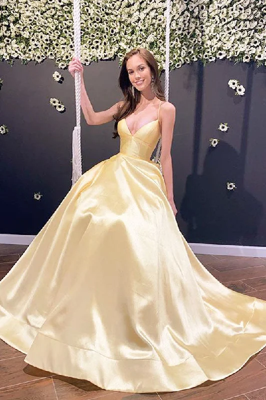 A-line Spaghetti Straps Cross Back Daffodil Satin Long Prom Dress with Train Party Dress with Pockets OKT60 Tunics Trousers formal A-line Spaghetti Straps Cross Back Daffodil Satin Long Prom Dress with Train Party Dress with Pockets OKT60 Tunics Trousers formal