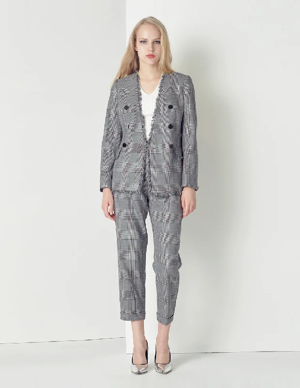 MARYLING Black and white plaid wool raw edge pocket ankle pants Stylish Elastic Waist Pants MARYLING Black and white plaid wool raw edge pocket ankle pants Stylish Elastic Waist Pants