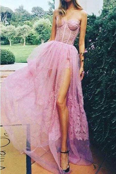 Sexy Pink Sweetheart Side Split Lace Appliques Pretty Long Prom Party Dress DMG13 Tunics Timeless classic Sexy Pink Sweetheart Side Split Lace Appliques Pretty Long Prom Party Dress DMG13 Tunics Timeless classic