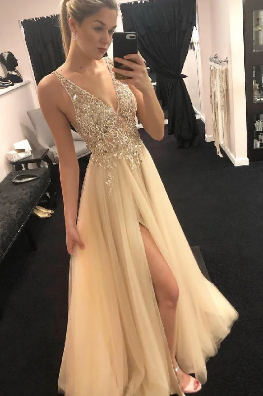 Cheap V-Neck Beading Tulle Long Prom Dress, Junior Split Evening Party Dress DMI32 Chiffon Maxi Beach Cheap V-Neck Beading Tulle Long Prom Dress, Junior Split Evening Party Dress DMI32 Chiffon Maxi Beach