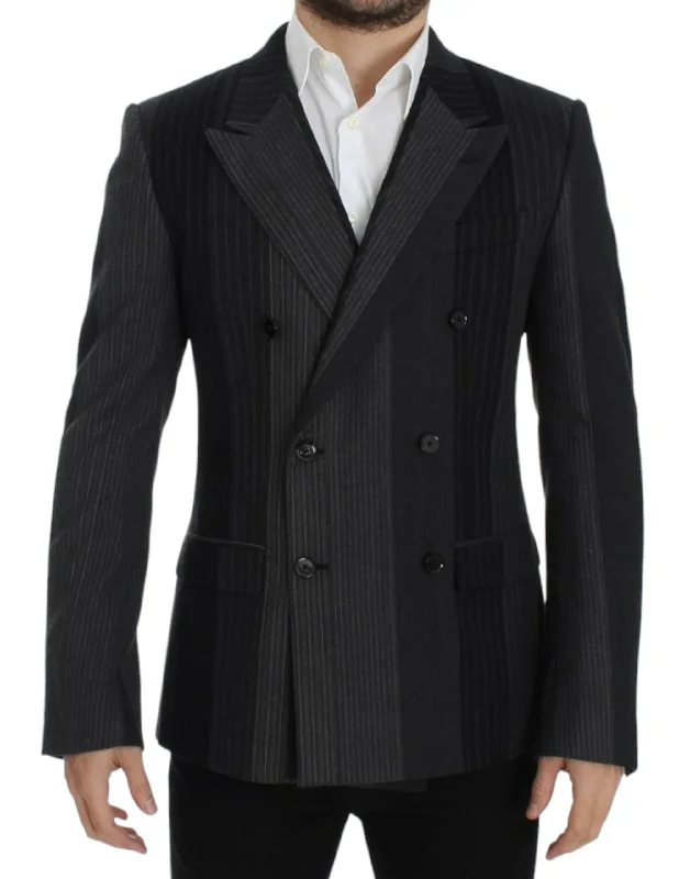 Elegant Gray Striped Wool Slim Blazer Women's Trendy Jacket