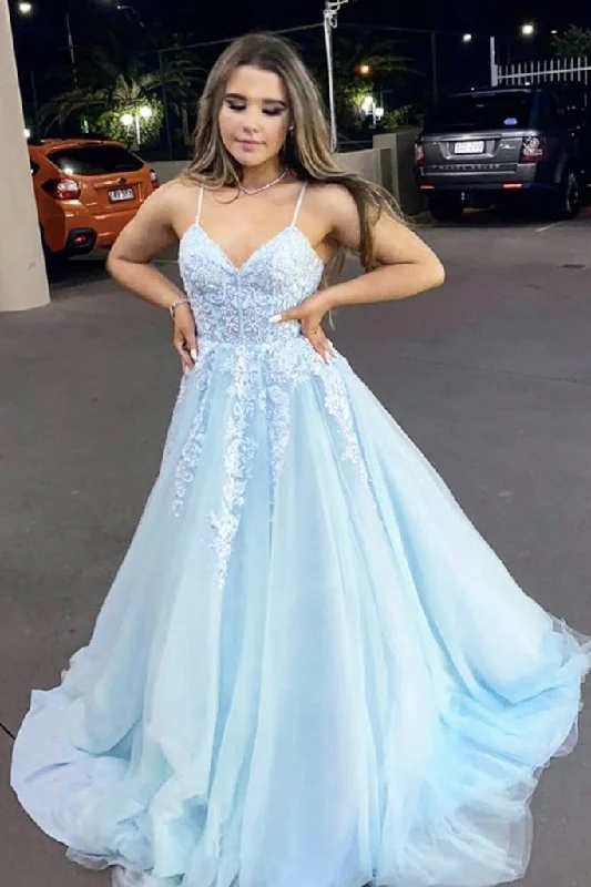 A Line V Neck Light Blue Lace Appliqued Long Prom Dress Spaghrtti Straps Evening Party Dress OKZ57 Tunics Canvas sturdy A Line V Neck Light Blue Lace Appliqued Long Prom Dress Spaghrtti Straps Evening Party Dress OKZ57 Tunics Canvas sturdy
