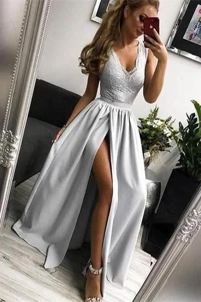 Cheap Silver Long V-neck Lace Satin Prom Dresses For Teens Split Party Dresses DMI57 Off-the-shoulder Bohemian Festive Cheap Silver Long V-neck Lace Satin Prom Dresses For Teens Split Party Dresses DMI57 Off-the-shoulder Bohemian Festive