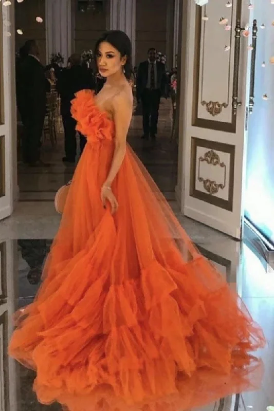 Orange Ruffles Tulle Evening Party Dress Strapless Tiered Long Prom Dress OKW75 Tunics Bridal satin Orange Ruffles Tulle Evening Party Dress Strapless Tiered Long Prom Dress OKW75 Tunics Bridal satin